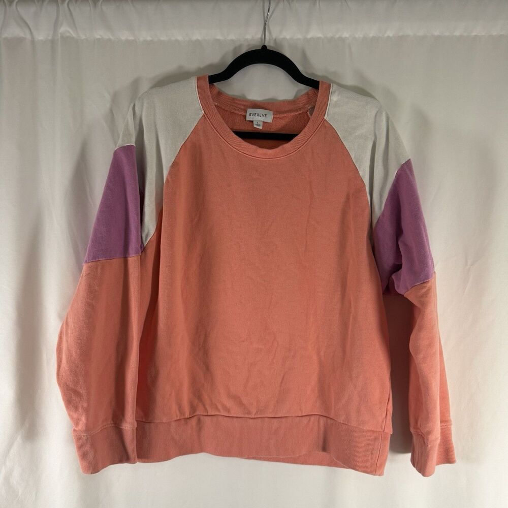 Evereve Sweater Women's Large Orange Pink Color Block Crewneck Long Sleeve